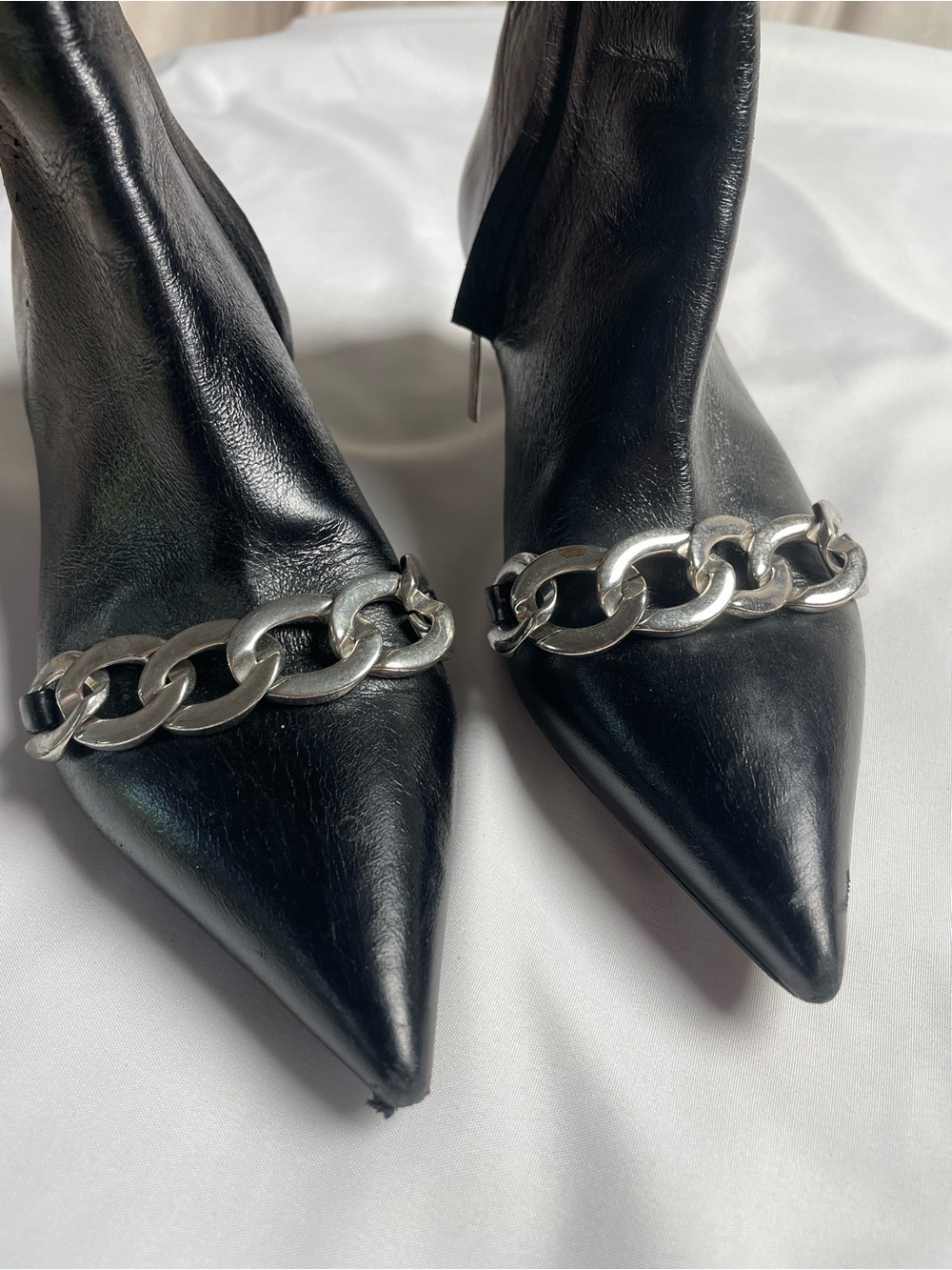 The Kooples Black Pointed Leather Ankle Boots with Silver Chain